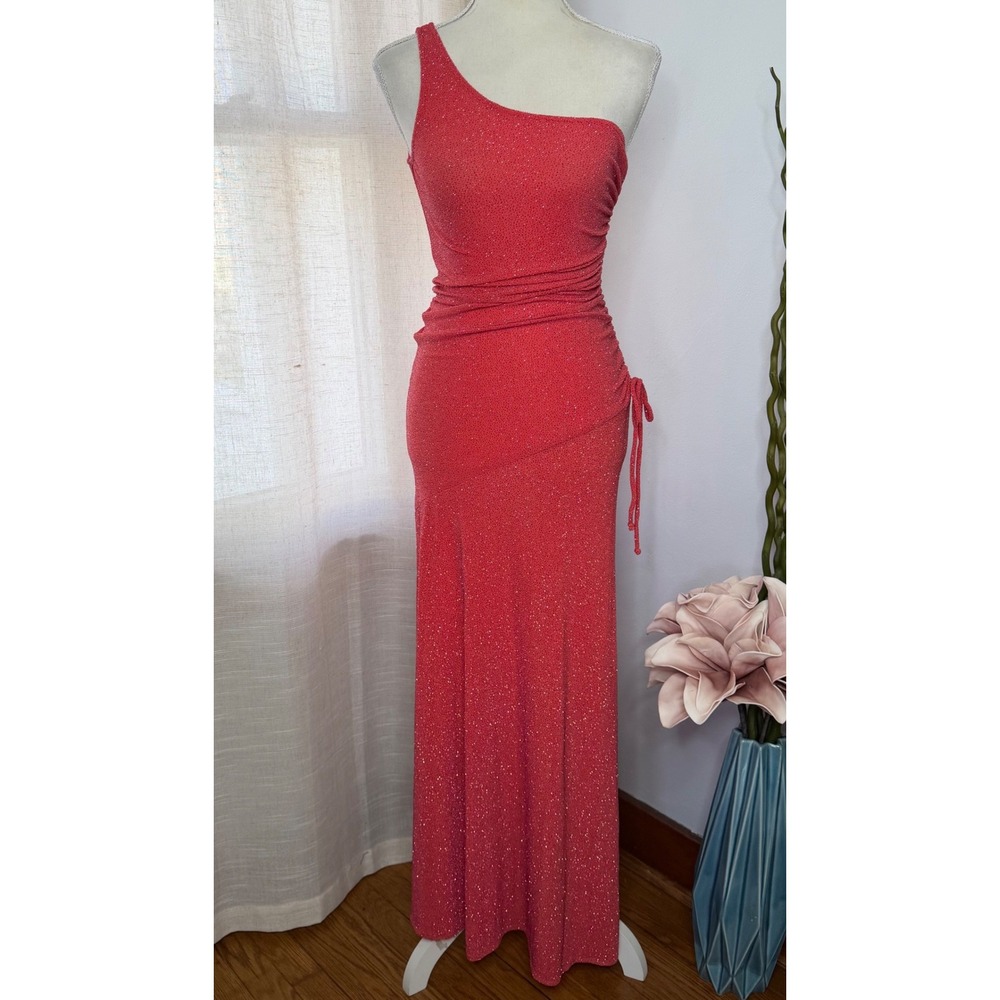 Y2K Vintage City Triangles One Shoulder Ruched Glitter Maxi Dress Pink Large‎